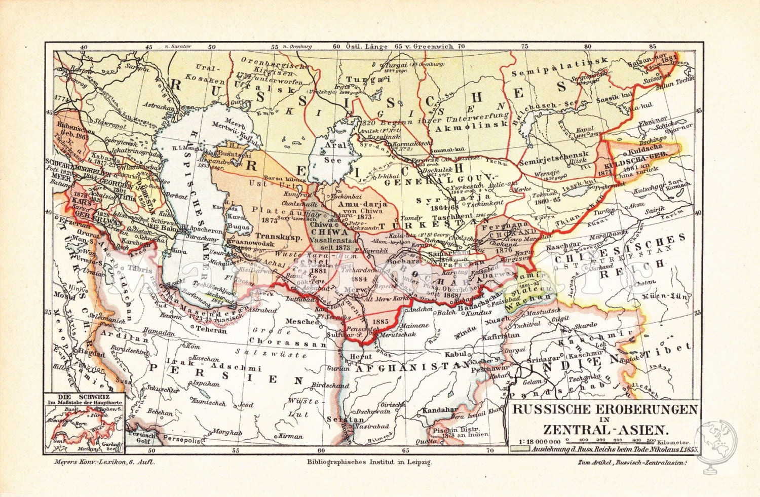 Territories of the RUSSIAN CONQUEST in Central ASIA in the 19th Century Original Antique Historical Map Print from 1904 Territories of the RUSSIAN CONQUEST in Central ASIA in the 19th Century Original Antique Historical Map Print from 1904