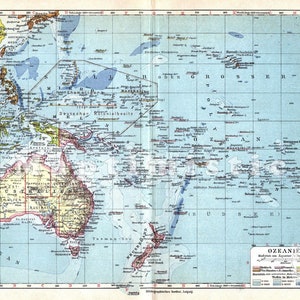 1926 OCEANI met Micronesië, Melanesië, Polynesië en AUSTRALI, Nieuw-Zeeland en HAWAII rond 1926 originele antieke politieke kaart