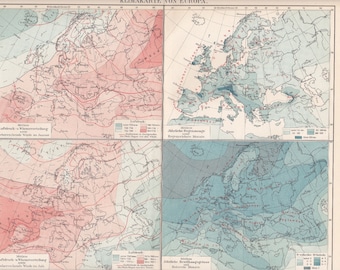 1895 CLIMATE CHART of EUROPE at the end of the 19th Century - Rainfall, Heat Distribution and Air Pressure Original Antique Statitical Map