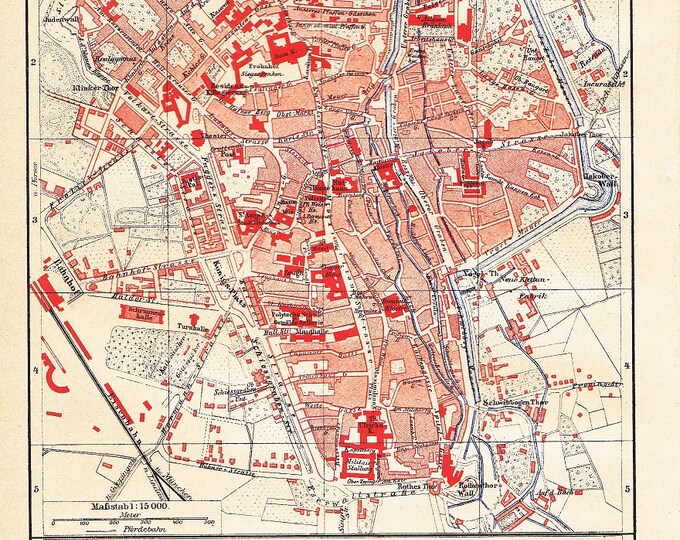 1885 City Map of Augsburg, Bavaria German Empire at the End of the 19th