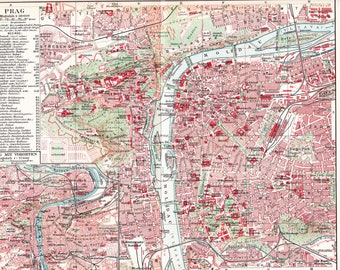 1926 Prague with the Old Town, the Hradcany and the Suburbs after World War I. cca. 1926, River Moldau, Interwar Period Original Antique Map