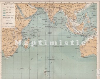 1898 Indian Ocean, the Third Largest Ocean bounded by Asia, Africa and Australia - Original Antique Geographical Map