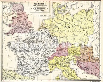 1886 Northern Provinces of the Roman Empire and Germania in the 2nd Century Original Antique Historical Map by Karl Wolf