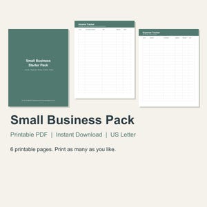 Puede incluir: Un conjunto de archivos PDF imprimibles Small Business Starter Pack que incluye una portada verde oscuro, una hoja de seguimiento de ingresos y una hoja de seguimiento de gastos con columnas para fecha, cliente, artículo y monto.