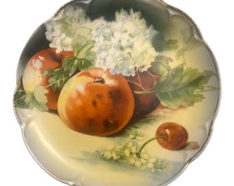 Vintage Hand Painted Fruit Plate 8.25 Charlotte KL Bavaria Porcelain Peaches Cherries White Blossoms Scalloped Gold Rim Decor Cabinet Plate