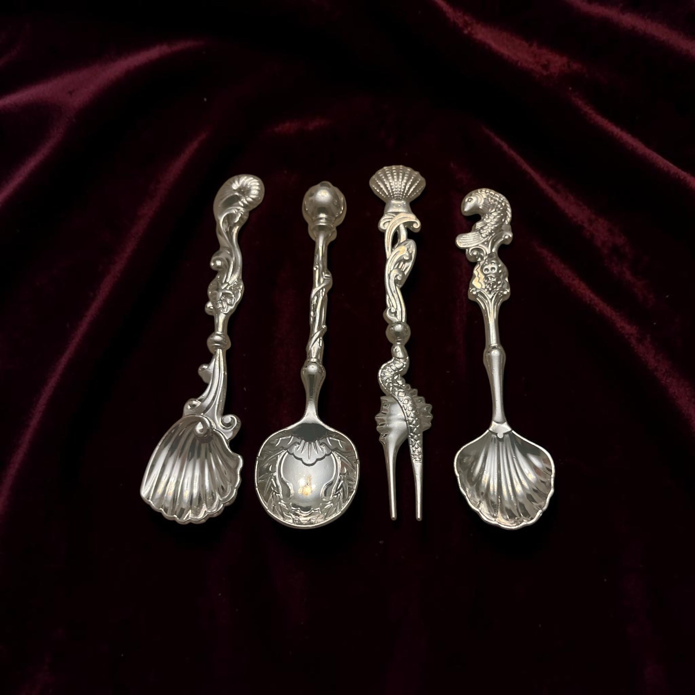 Vintage Coastal Stainless Steel Hors D'oeuvres Set - 4 Piece Figural Seafood Spoons and  Pickle Fork, Nautical Shell & Dolphin Tasting Set