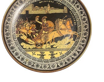 Assiette murale grecque vintage en cuivre - « Le triomphe d'Achille » - Faite à la main en Grèce - Scène de char, décor grec ancien