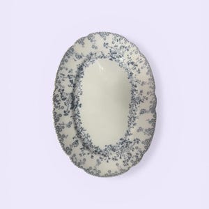 May include: An oval serving platter with a cream-colored center and a blue floral pattern around the rim. The edge has a scalloped design. This decorative dish is suitable for serving food.