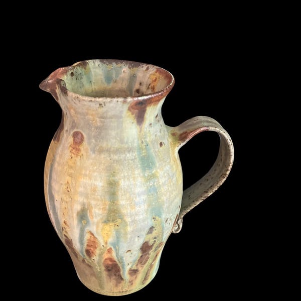 Signed J. Herman Art Pottery Jug | Handcrafted Stoneware Dripped Glaze Pitcher | Earthy Boho Kitchen Counter Decor Rustic Flower Vase