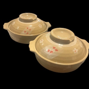 Vintage Japanese Donabe Set of 2, Lidded Earthenware Hot Pot Casserole Dishes, Hand-Painted Cherry Blossom Sakura Motif, Japanese Tableware