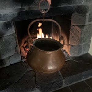 Antique Copper Cauldron Pot with Forged Wrought Iron Fireplace Suspension Ring, Hand Hammered Rustic Hearth Decor, Primitive Copper Boiler