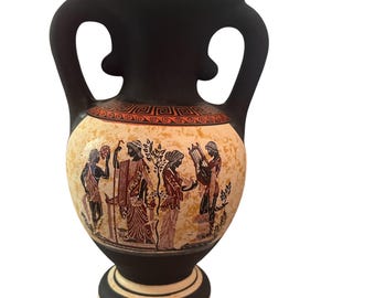 Amphore attique de qualité muséale à figures noires - Vase grec peint à la main de 7 po. - Lyre classique et scène d'eros