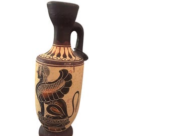 Vase Lécythe grec peint à la main – Réplique de qualité musée de 7 pouces – Sphinx mythologique et philosophe