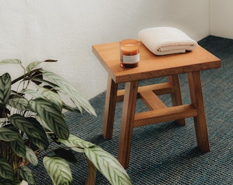 Solid Wood Stool, Splayed Leg Wooden Stool, Bathroom Stool and Side Table, Traditional Joinery Bedside Table, Handmade Plant Stand