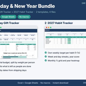 Weihnachtsgeschenk-Tracker + Gewohnheits-Tracker 2027 im Paket | Budget- und Neujahrsvorsatz-Tabellen für die Feiertage | Excel & Google Tabellen