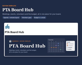Może przedstawiać: Szablon Notion o nazwie PTA Board Hub na ciemnoniebieskim tle z białym tekstem. Zawiera sekcje dotyczące spotkań, wydarzeń, wolontariuszy i budżetu, z widokiem kalendarza oraz listą agendy wyświetlaną w białym prostokątnym polu.