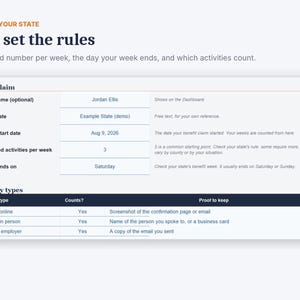May include: A digital interface titled Match Your State: You set the rules. It displays a form with fields for name, state, claim start date, required activities per week, and week end day, plus a table listing activity types and proof requirements.
