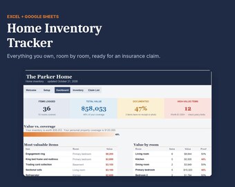 Może przedstawiać: Cyfrowy tracker inwentarza domowego dla Excel i Google Sheets z pulpitem nawigacyjnym zawierającym dane, wykresy i metryki. Interfejs wyświetla tekst, w tym The Parker Home, Items Logged, Total Value, Documented oraz High-Value Items.