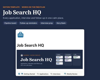 Może przedstawiać: Cyfrowy szablon Notion zatytułowany Job Search HQ na ciemnoniebieskim tle. Zawiera sekcje dotyczące tablicy zadań, przypomnień, przygotowania do rozmów kwalifikacyjnych i banku historii, a także zakładki nawigacyjne Getting Started, Applications, Interviews i Weekly Review.