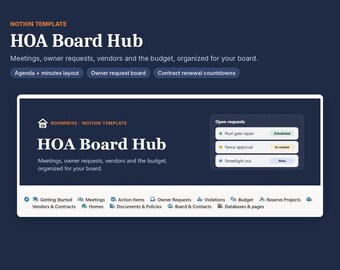 Może przedstawiać: Szablon Notion zatytułowany HOA Board Hub na ciemnoniebieskim tle. Zawiera sekcje dotyczące spotkań, wniosków właścicieli, dostawców i budżetu. Obejmuje listę otwartych wniosków ze znacznikami statusu oraz pasek nawigacyjny z ikonami.