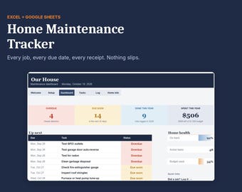 May include: A digital home maintenance tracker for Excel and Google Sheets featuring a dashboard with tabs for Welcome, Setup, Dashboard, Tasks, Log, and Home Info. It displays overdue tasks, upcoming deadlines, completed jobs, and annual spending.