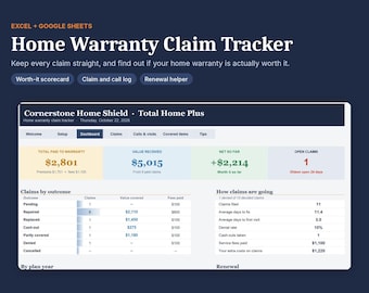 May include: A digital Home Warranty Claim Tracker spreadsheet for Excel and Google Sheets. The interface displays a dashboard titled Cornerstone Home Shield, showing financial metrics, claim outcomes, and performance statistics with data tables.