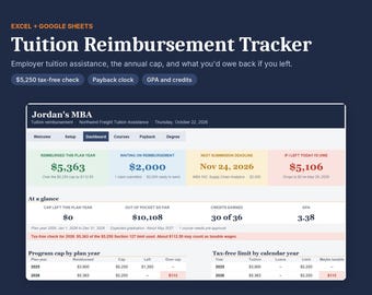 Może przedstawiać: Cyfrowy tracker zwrotu czesnego dla programów Excel i Google Sheets. Interfejs wyświetla pulpit nawigacyjny zatytułowany Jordan's MBA z sekcjami dotyczącymi zwróconych kwot, oczekujących roszczeń, terminów oraz obliczeń spłat dla wsparcia edukacyjnego.