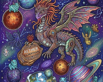 Può includere: Una vibrante illustrazione a tema spaziale che presenta un drago centrale con squame e ali intricate, che tiene una tavoletta di pietra con il testo AETHER GUARDIAN. La scena include vari pianeti, stelle, costellazioni e piccole creature.