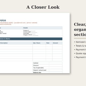 May include: A digital invoice template featuring a header with business contact fields, a bill-to section, and a services and items table with columns for description, quantity, rate, and amount, plus a subtotal, tax, and balance due section.