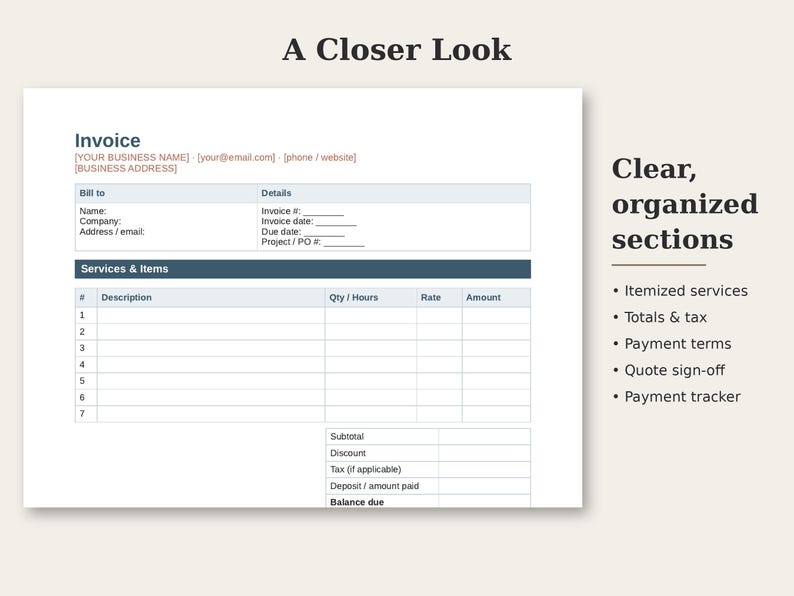 May include: A digital invoice template featuring a header with business contact fields, a bill-to section, and a services and items table with columns for description, quantity, rate, and amount, plus a subtotal, tax, and balance due section.