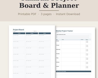 Può includere: Un pianificatore e bacheca di progetto Kanban in PDF stampabile da tre pagine. Il documento presenta una bacheca di progetto con colonne per le attività da fare, in corso e completate, e un tracker settimanale con sezioni per le attività.