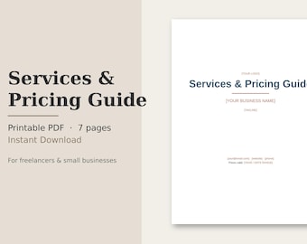Può includere: Un modello di documento digitale intitolato Services & Pricing Guide con segnaposto per logo, nome dell'azienda, slogan e informazioni di contatto. Il layout presenta testo scuro su sfondo bianco per un utilizzo professionale in ambito aziendale.