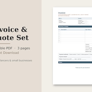 May include: A three-page printable PDF invoice and quote set template for freelancers and small businesses. The document features sections for business details, client information, services, items, payment methods, and notes in a clean layout.