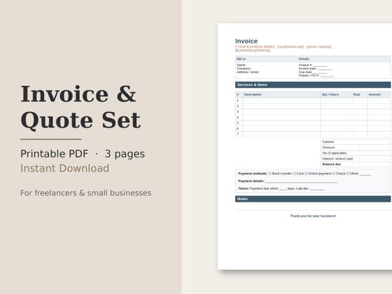 Invoice and Quote Template Set, Freelancer Invoice, Estimate Form, Invoice Log Tracker, Printable PDF for Small Business