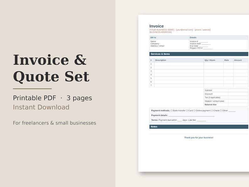 May include: A three-page printable PDF invoice and quote set template for freelancers and small businesses. The document features sections for business details, client information, services, items, payment methods, and notes in a clean layout.