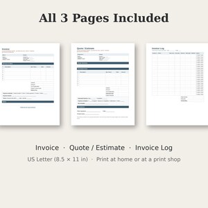 May include: Three printable business document templates on A4-sized paper, including an Invoice, a Quote/Estimate, and an Invoice Log. Each page features dark blue headers, organised tables for data entry, and clear text labels for professional use.