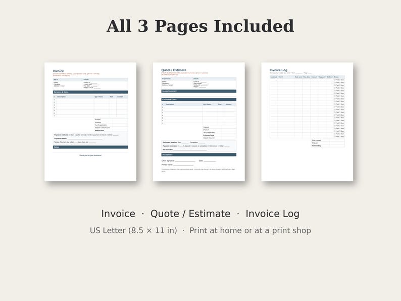 May include: Three printable business document templates on A4-sized paper, including an Invoice, a Quote/Estimate, and an Invoice Log. Each page features dark blue headers, organised tables for data entry, and clear text labels for professional use.
