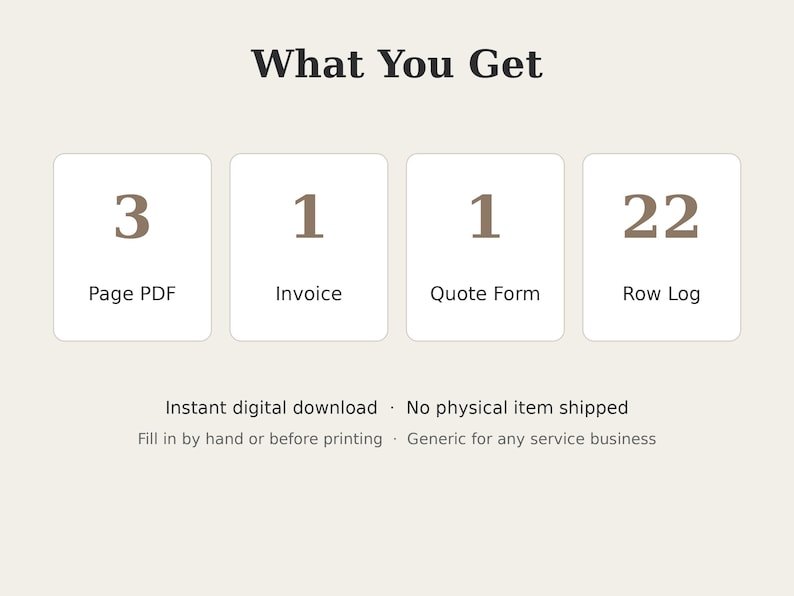 May include: A digital document set titled What You Get, featuring four white rectangular boxes. The boxes contain the text 3 Page PDF, 1 Invoice, 1 Quote Form, and 22 Row Log. Below these, text reads Instant digital download, No physical item shipped, Fill in by hand or before printing, and Generic for any service business.