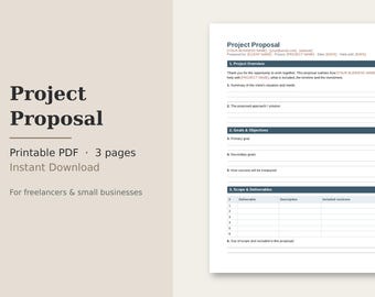 Può includere: Un modello di documento per proposta di progetto di tre pagine in formato PDF. Il documento presenta sezioni per la panoramica del progetto, obiettivi e ambito, con righe vuote e tabelle per l'inserimento di informazioni aziendali.
