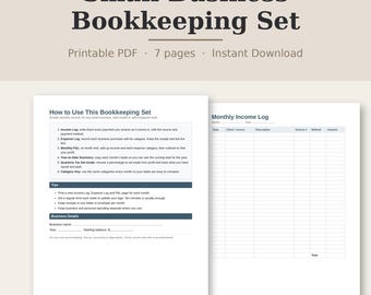 Può includere: Un set di contabilità per piccole imprese in PDF stampabile da 7 pagine. Il documento include una pagina How to Use This Bookkeeping Set con istruzioni, suggerimenti e dettagli aziendali, insieme a un registro delle entrate mensili con colonne per data, cliente, fonte, descrizione, numero di fattura, metodo e importo.
