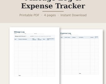 May include: A printable Mileage Log & Expense Tracker PDF document featuring four pages. The layout includes a Mileage Log with columns for date, purpose, odometer readings, and miles, plus an Expense Log for tracking business costs.