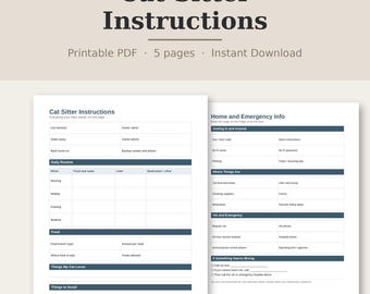 Instructions imprimables pour la garde de chats, liste de contrôle pour la garde d'animaux, notes pour la garde de chats, journal des visites quotidiennes, fiche de soins pour chats (PDF, format A4)