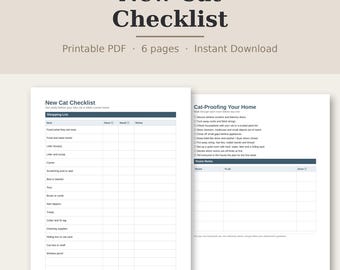 Liste de contrôle pour nouveau chat à imprimer, Liste de courses pour chaton, Liste de vérification pour sécuriser la maison pour un chat, Première visite chez le vétérinaire, Agenda pour nouveau chaton (PDF, format A4)