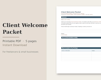 Può includere: Un documento stampabile di cinque pagine per il pacchetto di benvenuto al cliente con intestazioni blu scuro e campi di testo per informazioni aziendali, dettagli del progetto, messaggio di benvenuto e tabella dei servizi.