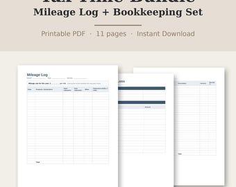 May include: Tax Time Bundle Mileage Log + Bookkeeping Set, a printable PDF with 11 pages. The document features a Mileage Log with columns for date, purpose, destination, odometer readings, and deductions, alongside bookkeeping ledger sheets.