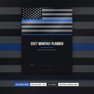 Agenda mensile Thin Blue Line 2027 stampabile, calendario 2027 compilabile in PDF, date della Settimana della Polizia, obiettivi mensili, agenda "Sostieni le forze dell'ordine".