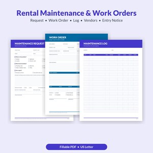 Rental Maintenance Request Form, Work Order Template, Maintenance Log, Vendor List, Notice of Entry, Landlord Fillable PDF
