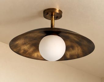 Modern Brass Ceiling Light - Antique Dome Pendant Lamp Flush Mount - Mid Century Milk Glass Chandelier for Kitchen Dining Room Home Decor