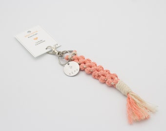 Macrame keychain with stamped aluminum charm and swivel snap hook