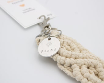Macrame keychain with stamped aluminum charm, boho keychain